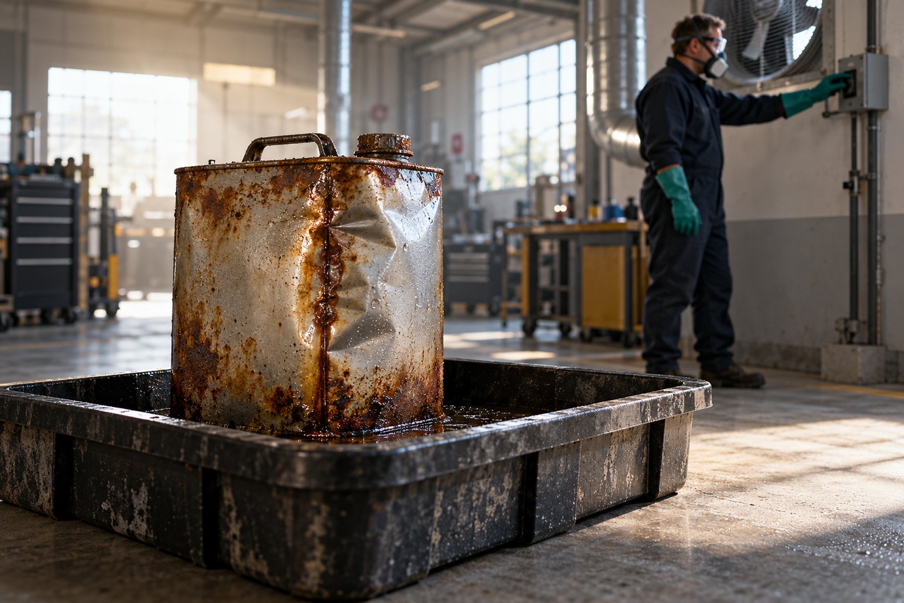 A heavily dented and rusty metal paint or hardener container placed in a black spill containment tray inside an industrial workshop with a worker in protective gear in the background