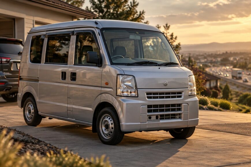 Silver Suzuki Every kei van parked on a suburban American driveway at sunset with a suburban house in the background