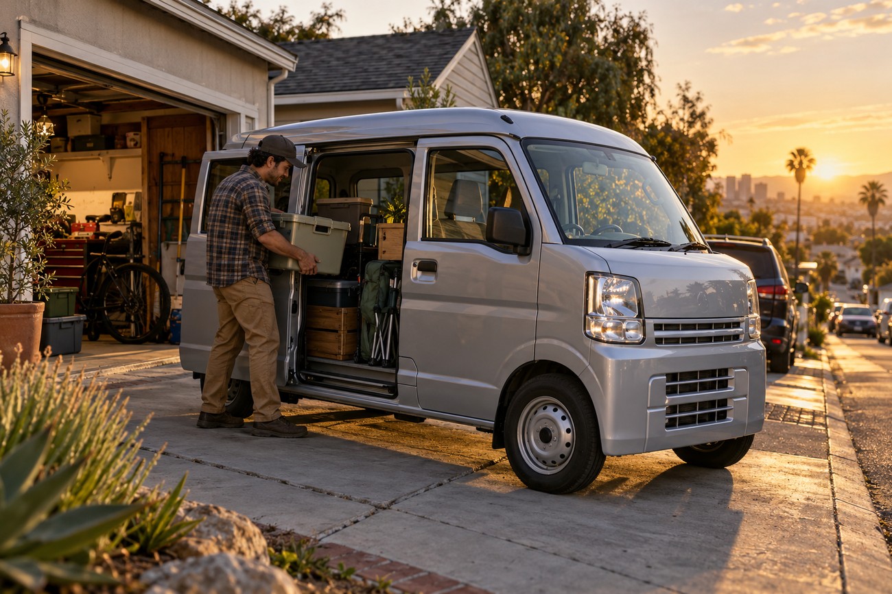 A man in a plaid shirt loads equipment into a silver Suzuki Every kei van parked in a suburban driveway at sunset