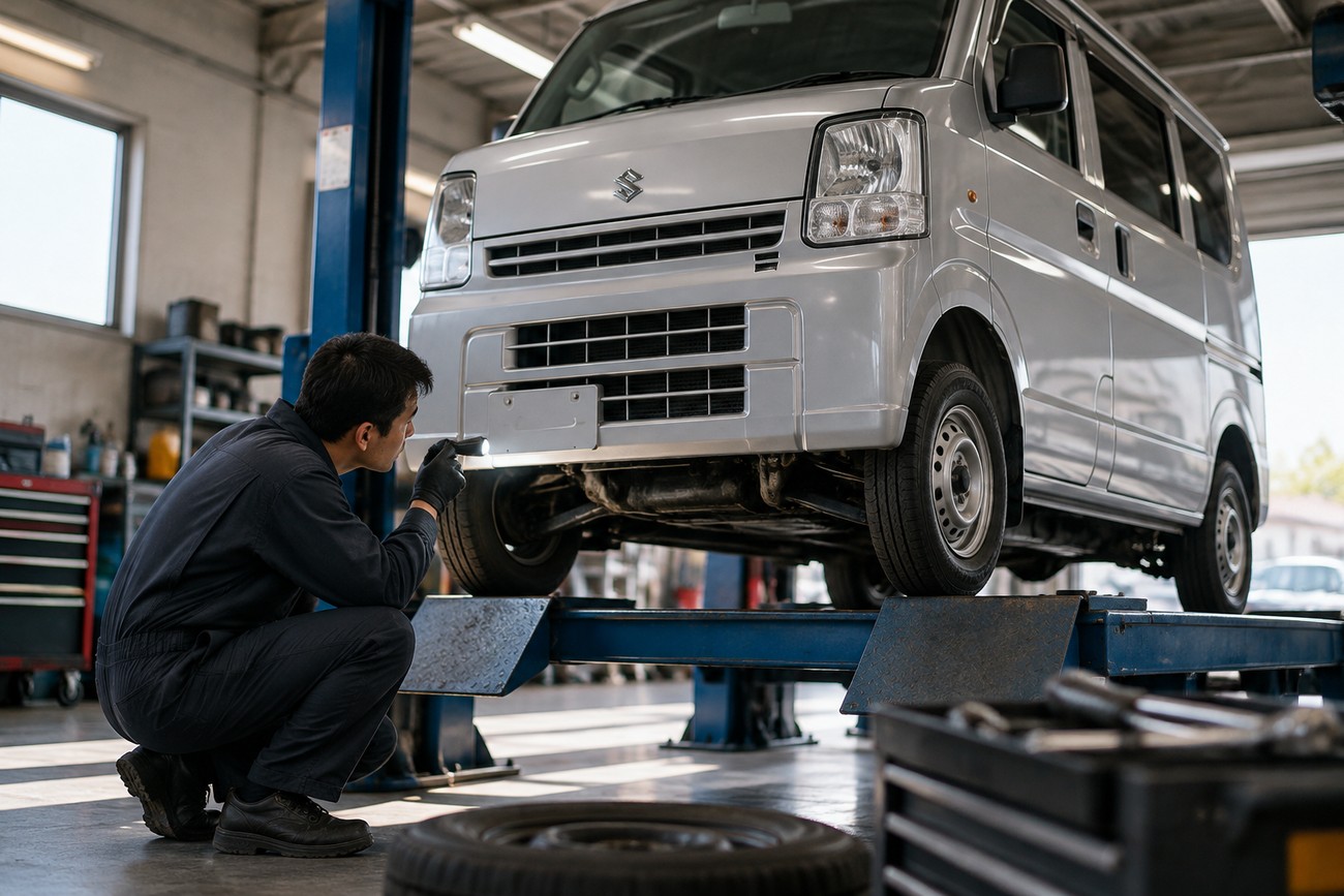 Mechanic inspecting the undercarriage of a silver Suzuki Every kei van on a lift in a repair shop