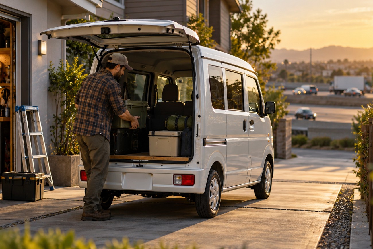 A man in a plaid shirt loading gear into the open trunk of a white Suzuki Every kei van in a driveway
