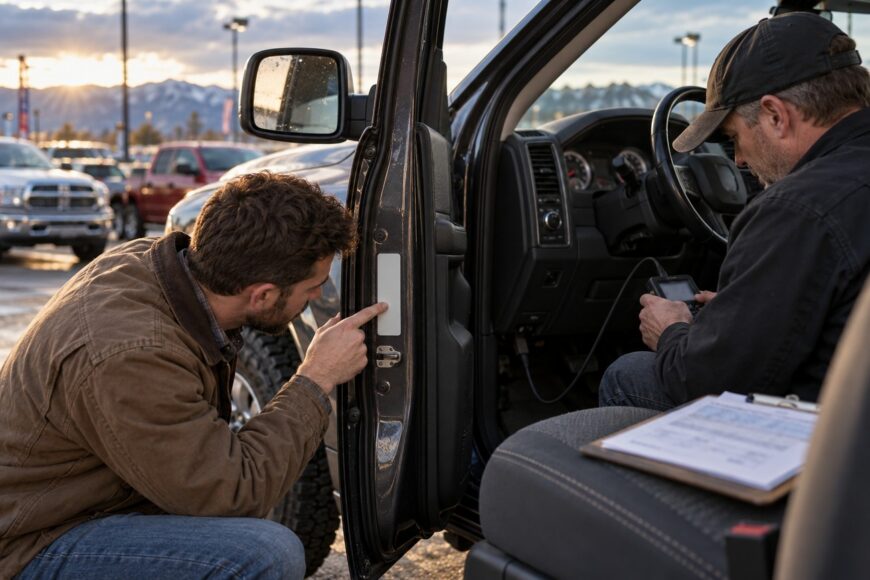 An inspector pointing at the door jamb VIN plate of a used Dodge Ram while a colleague uses a diagnostic tool inside the cabin