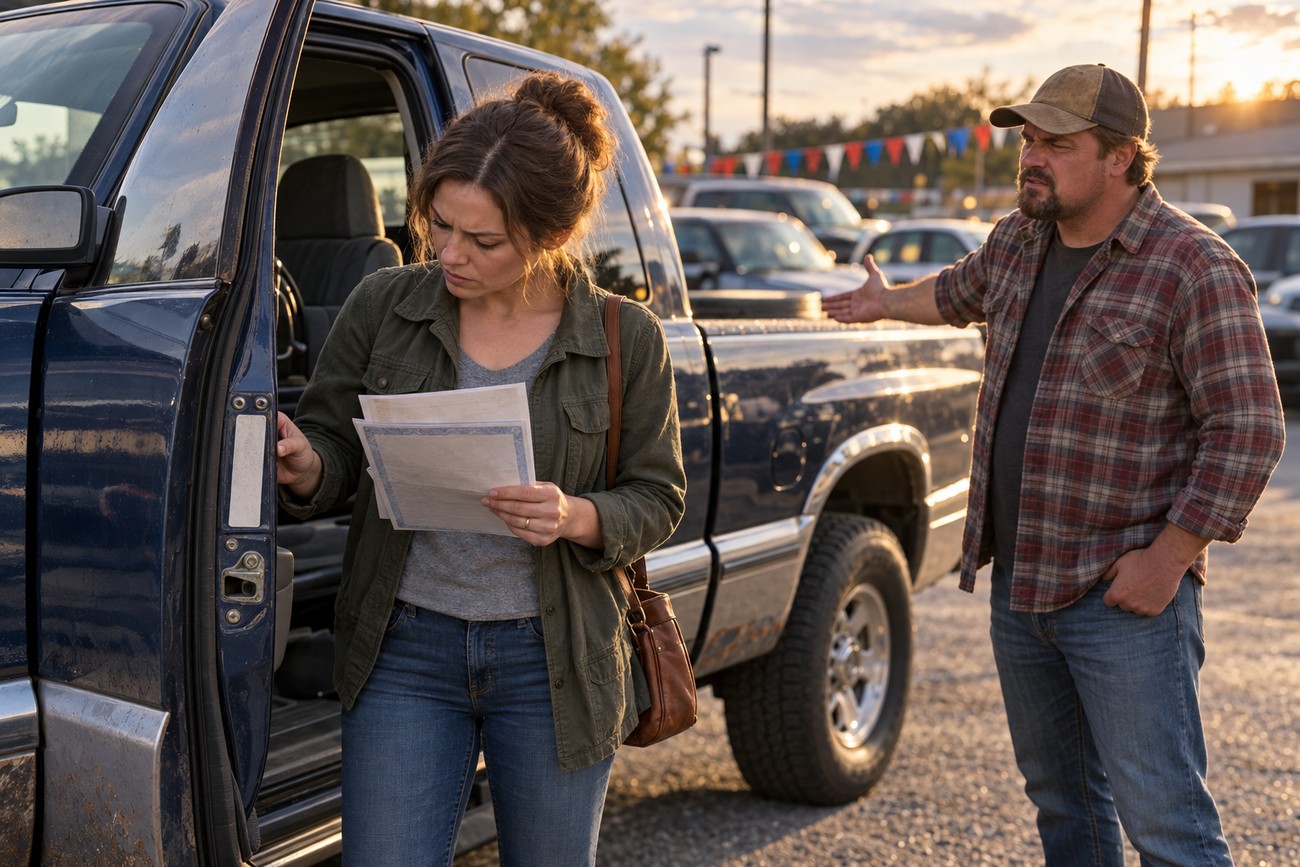 A woman inspecting the door jamb and documents of a blue used Dodge Ram while a man gestures nearby at a dealership lot