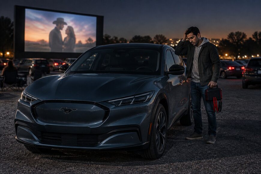 Frustrated man holding a jump starter standing next to his dark Ford Mustang at a drive-in theater with a dead battery