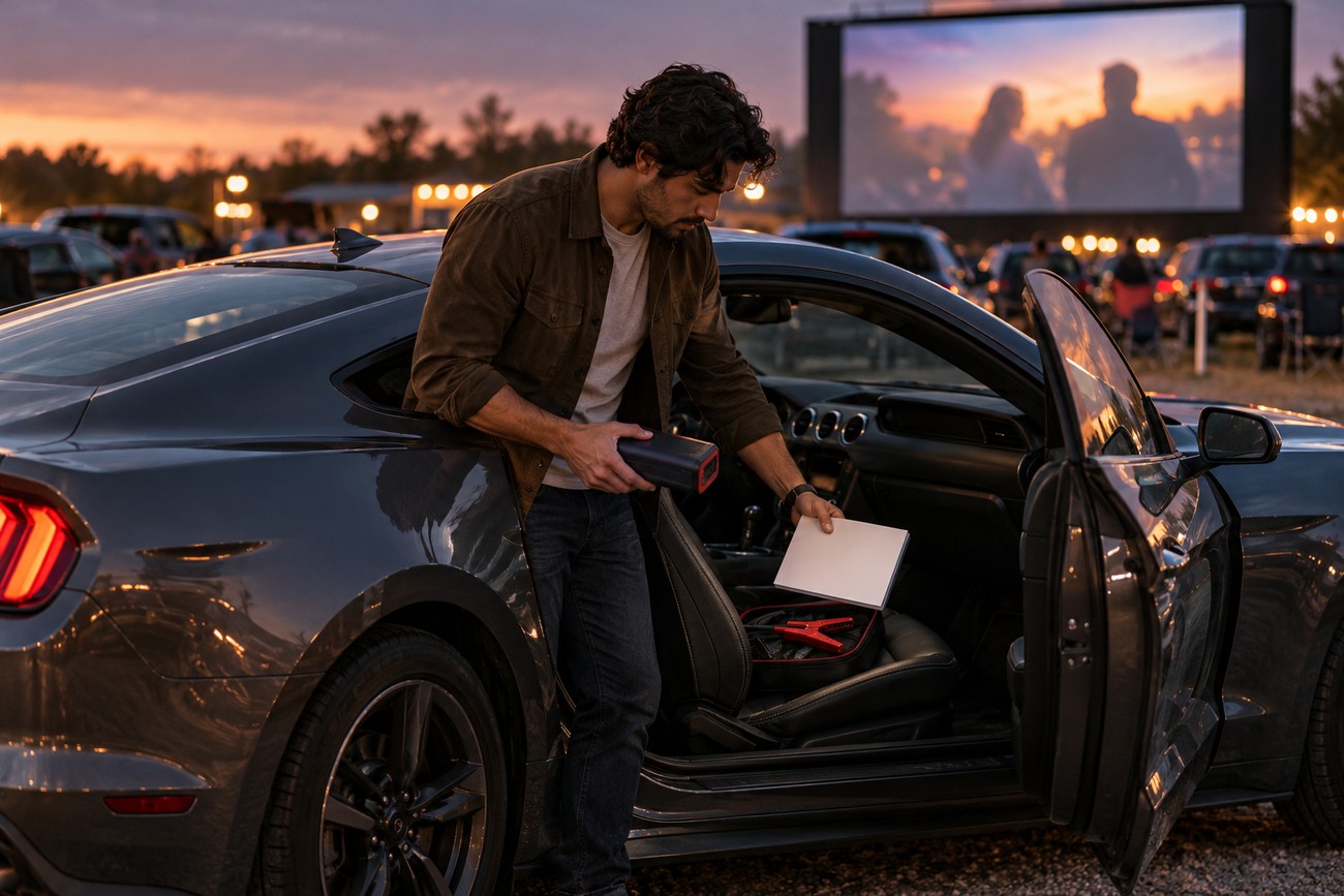 A man standing by his Ford Mustang at a drive-in theater holding a portable jump starter to fix a dead car battery