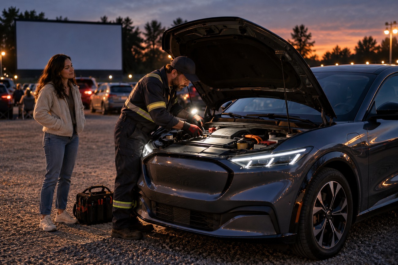 A technician inspecting the open hood of a Ford Mustang with a dead battery at a drive-in theater