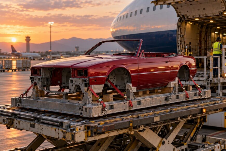 A red Cadillac Allante convertible car body secured on a metal cargo pallet in front of an open cargo door of a Boeing 747 airplane at an airport during sunset