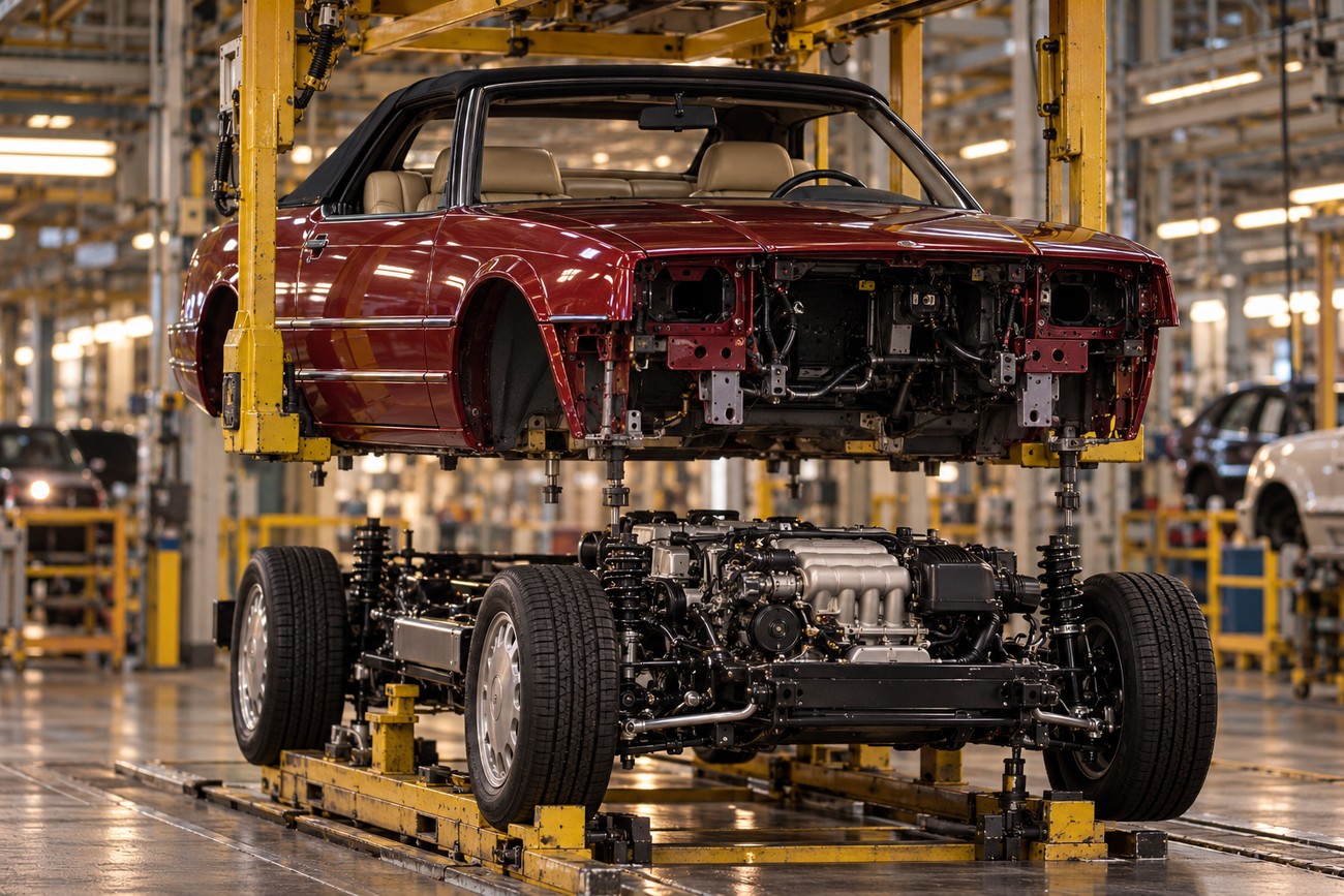 A maroon Cadillac Allante convertible body suspended above its chassis and wheels on a bright automotive assembly line