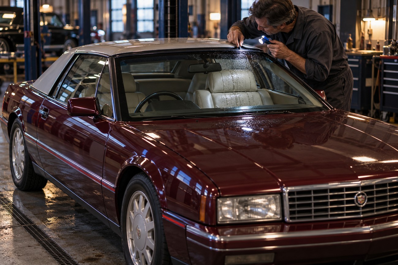 A mechanic in a workshop uses a flashlight to inspect the windshield seal of a maroon Cadillac Allanté convertible