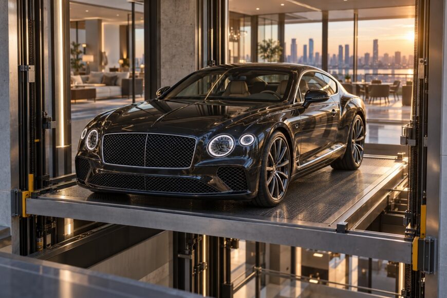 A black Bentley parked inside a glass car elevator lifting the vehicle up into a luxury penthouse with a city view