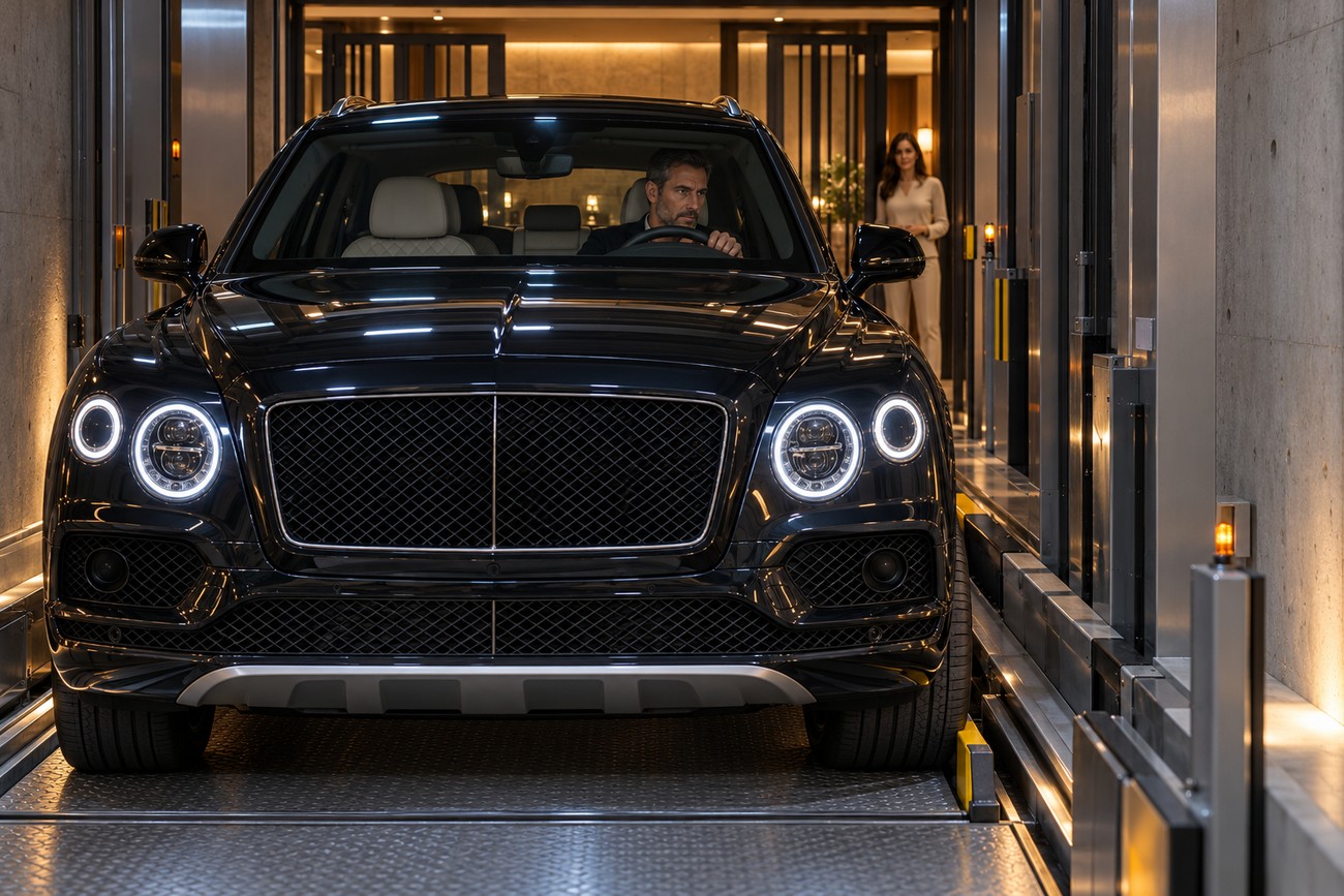 Man driving a black luxury Bentley SUV inside a modern residential car elevator leading to a penthouse