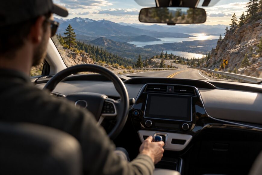 Driver shifting a Toyota Prius into neutral while driving down a winding mountain road overlooking a lake