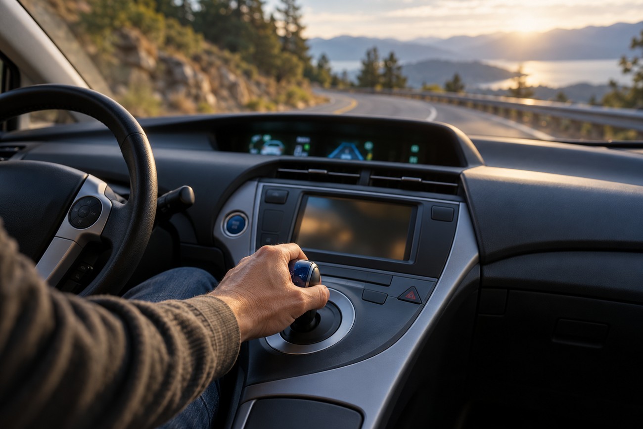 Driver shifting gear inside a Toyota Prius interior while driving down a scenic mountain road at sunset
