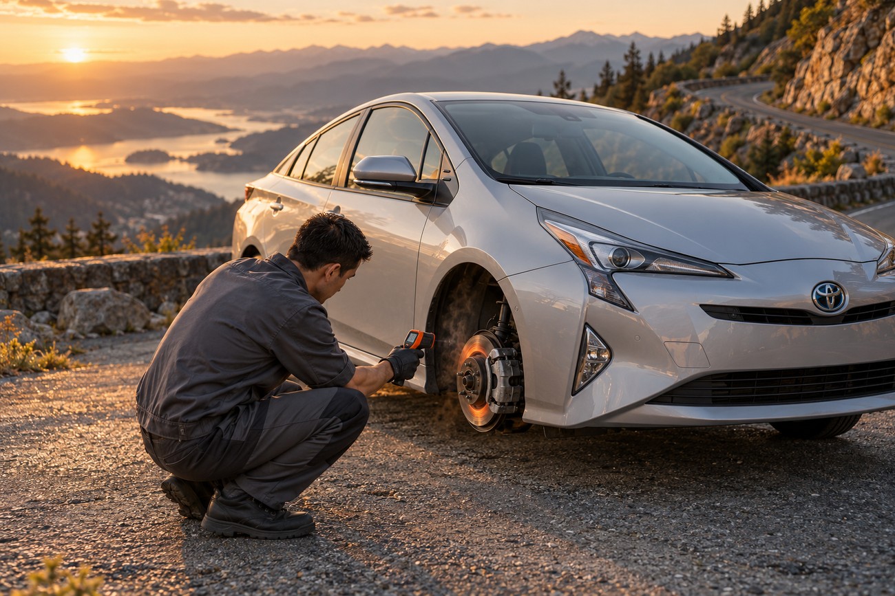 A mechanic checks the glowing hot brake rotor of a silver Toyota Prius with an infrared thermometer on a mountain road at sunset