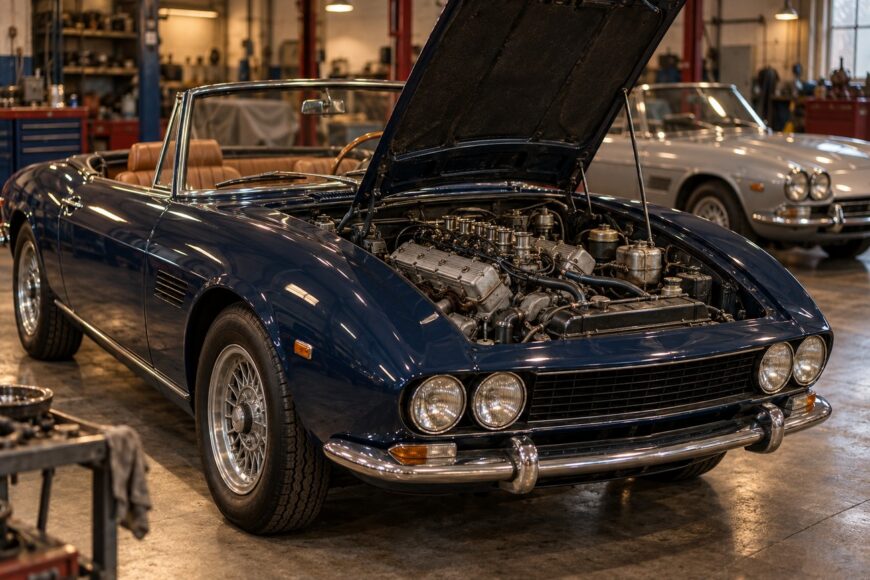 Classic dark blue Fiat Dino Spider convertible with open hood revealing its V6 engine parked inside a workshop