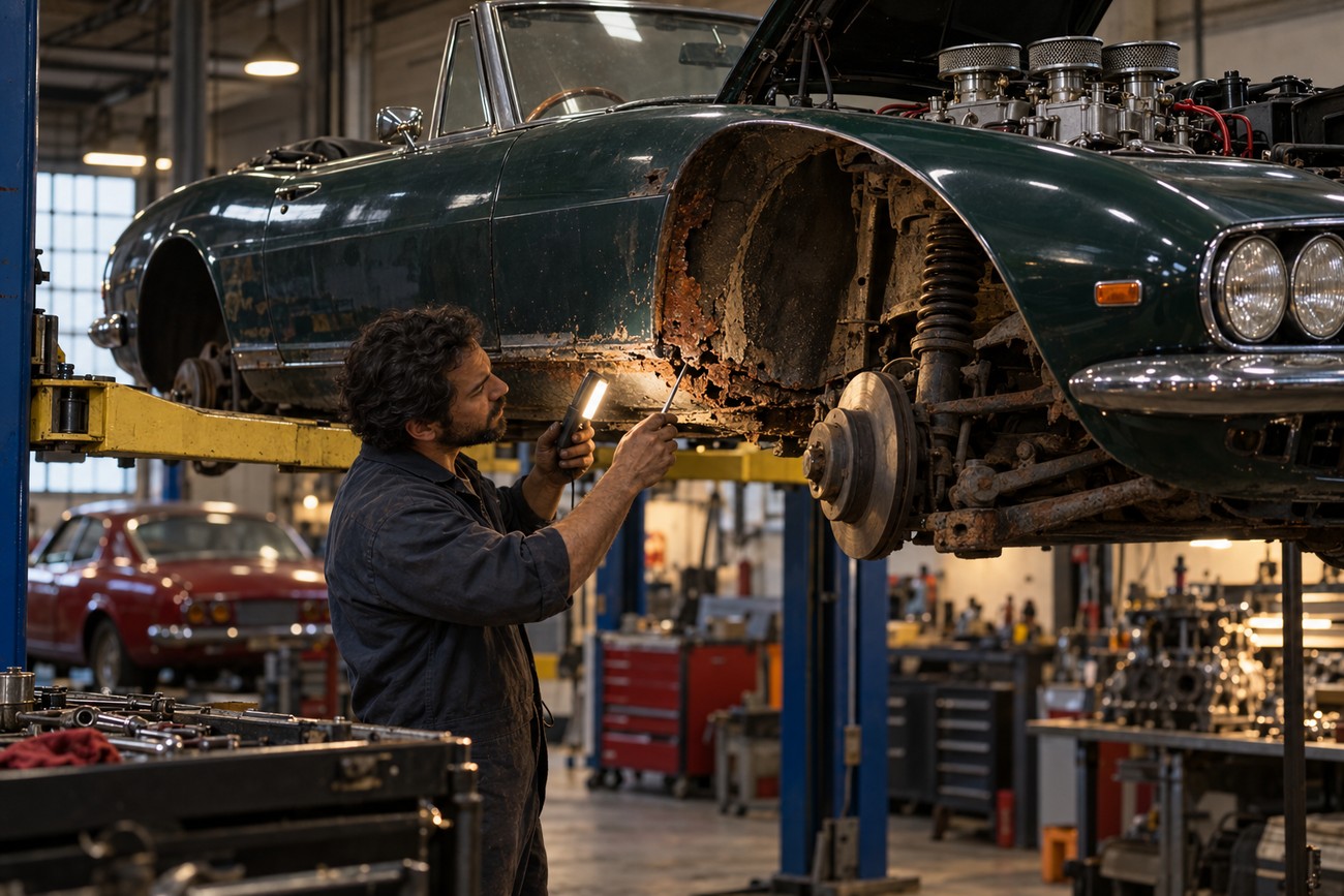 Mechanic holding a work light inspecting the rusty wheel arch of a classic Fiat Dino Spider lifted in a workshop