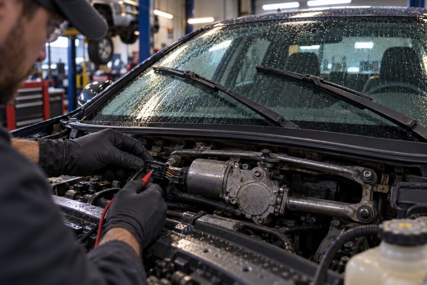 Mechanic wearing black gloves testing windshield wiper motor wiring with a multimeter in a repair shop