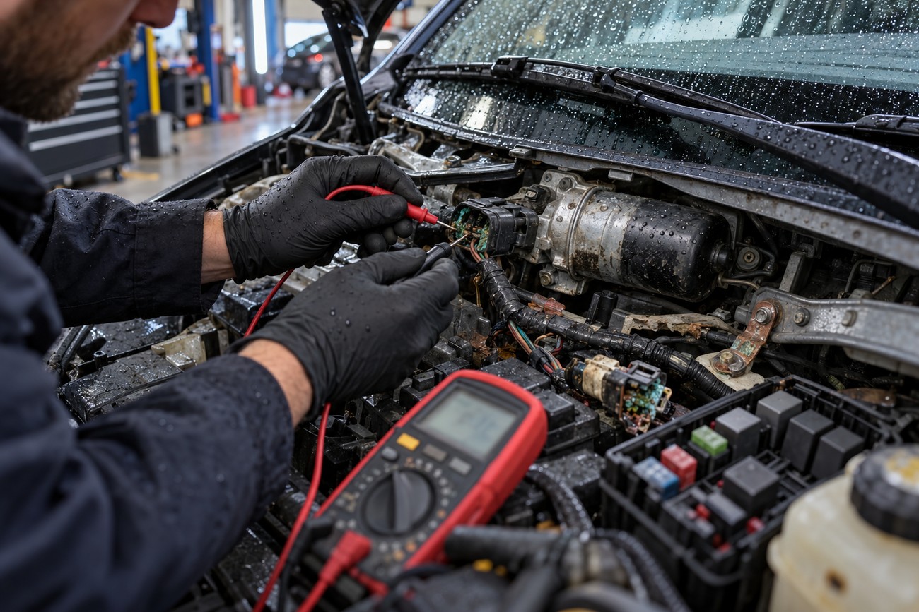 Mechanic wearing black gloves testing windshield wiper motor wiring with a red multimeter in a car engine bay