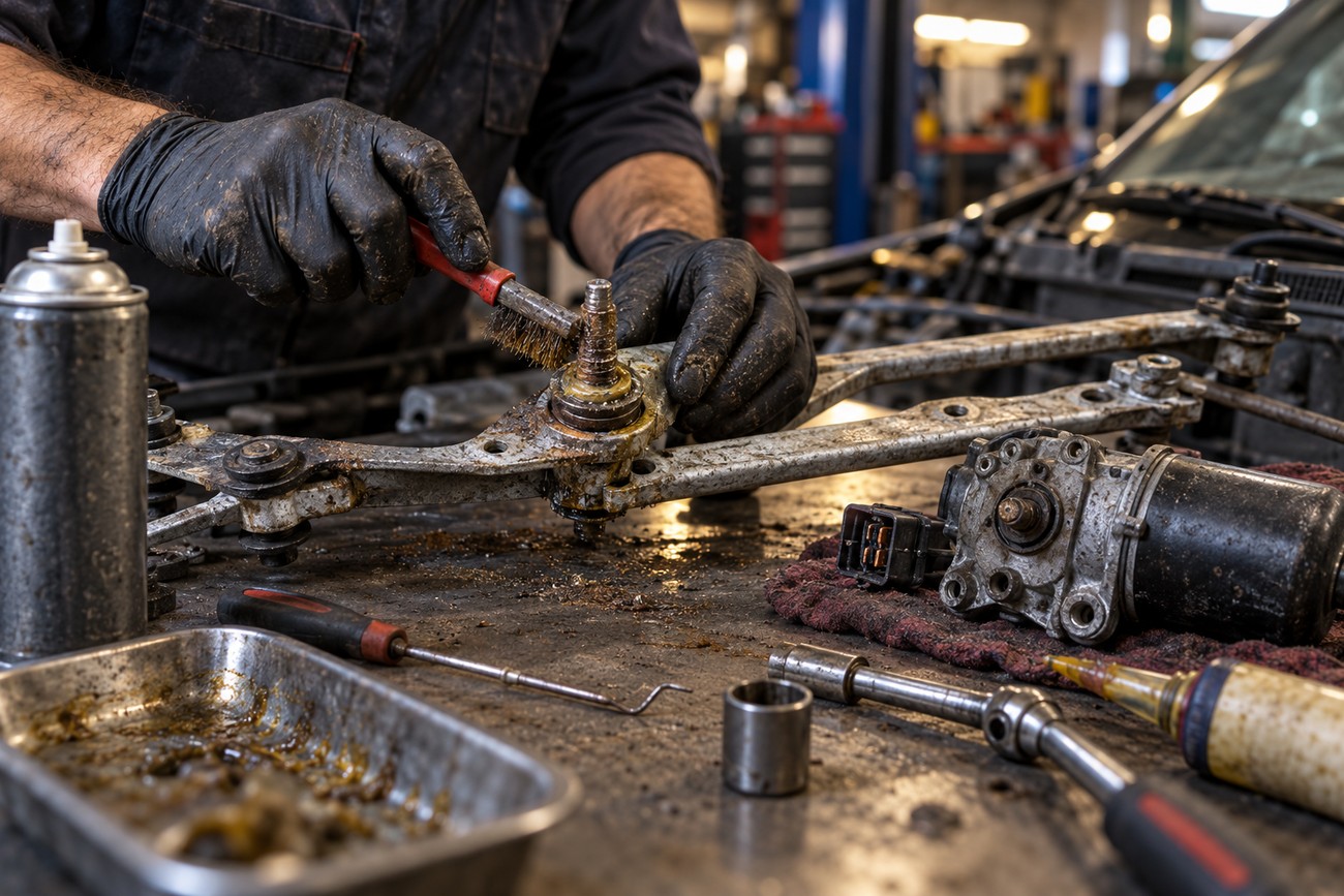 A mechanic wearing gloves cleans a corroded windshield wiper linkage assembly with a wire brush on a workbench in a garage