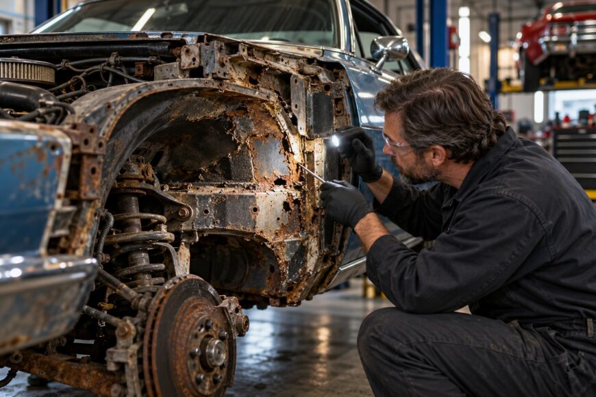 Mechanic wearing safety glasses inspects severe rust damage on the inner fender of a classic car using a flashlight