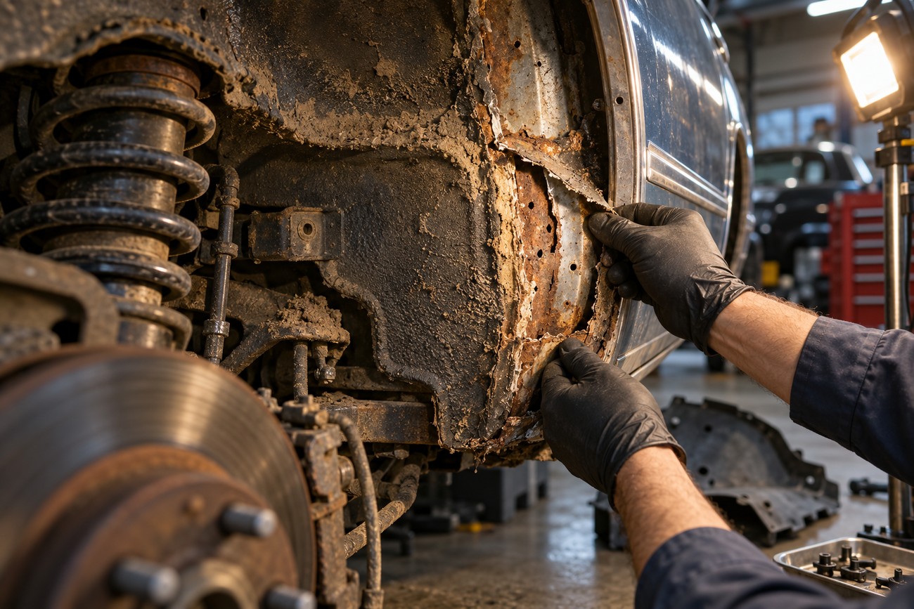 A mechanic wearing black gloves inspecting severe rust damage and corrosion on the inner fender of an older car in an auto repair shop