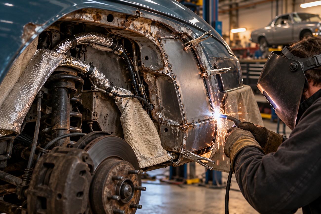 A mechanic wearing a protective welding mask uses a MIG welder to attach a new metal patch panel to the inner fender of a classic car in an auto shop