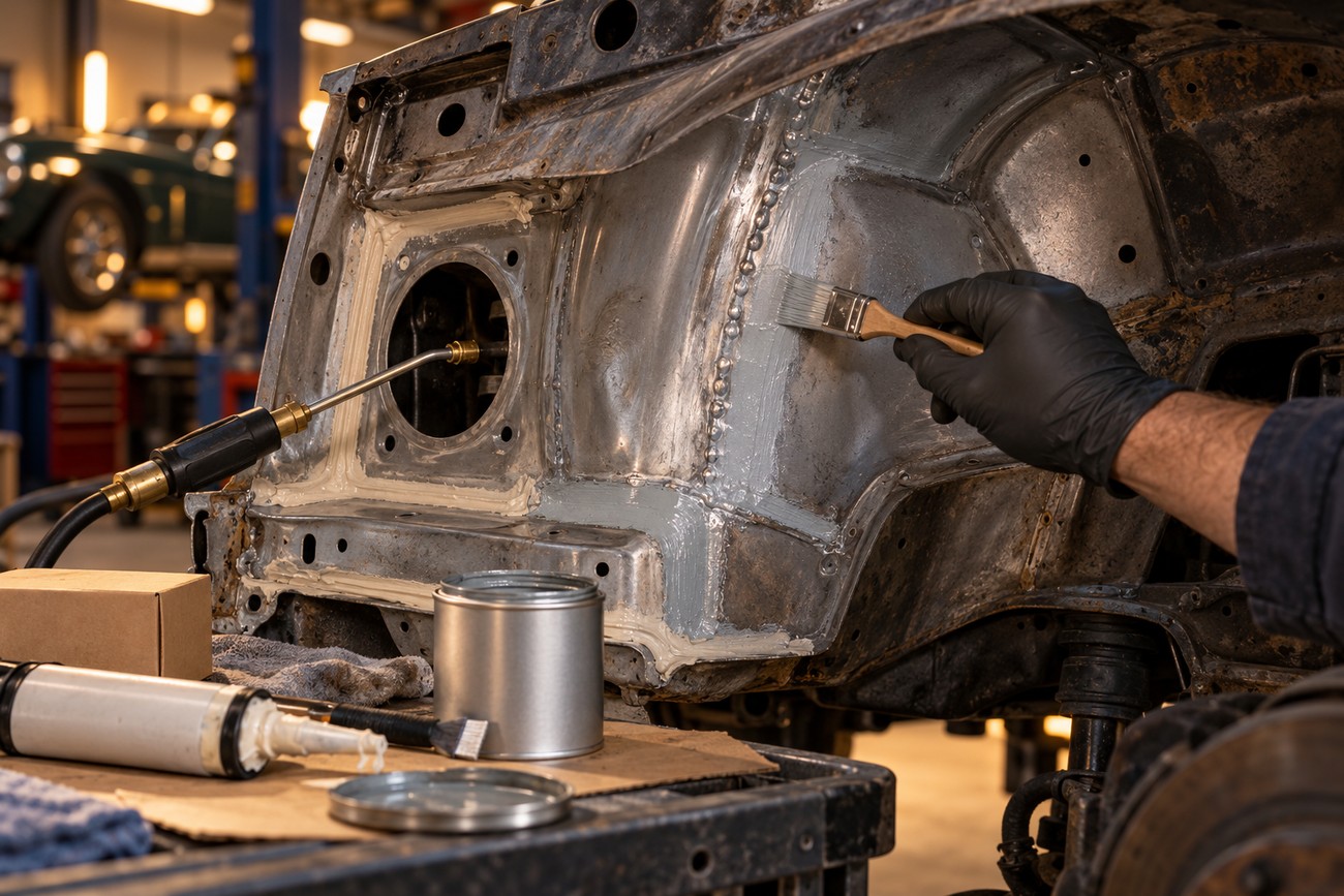 Mechanic wearing black gloves applying primer with a brush to the repaired metal inner fender of a classic car in a workshop