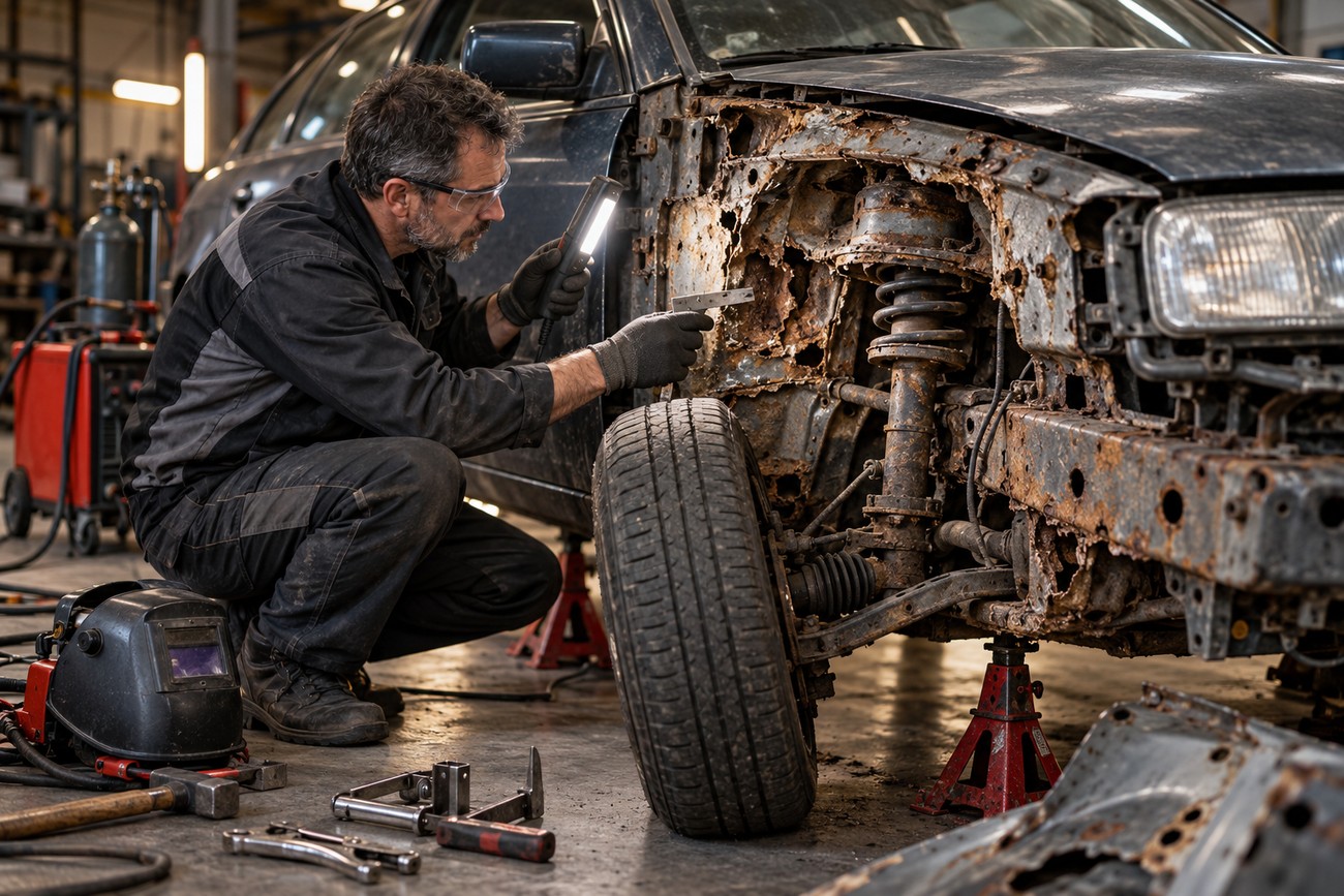 A mechanic wearing safety glasses inspects severe rust damage on the inner fender of an older car using a work light in a garage