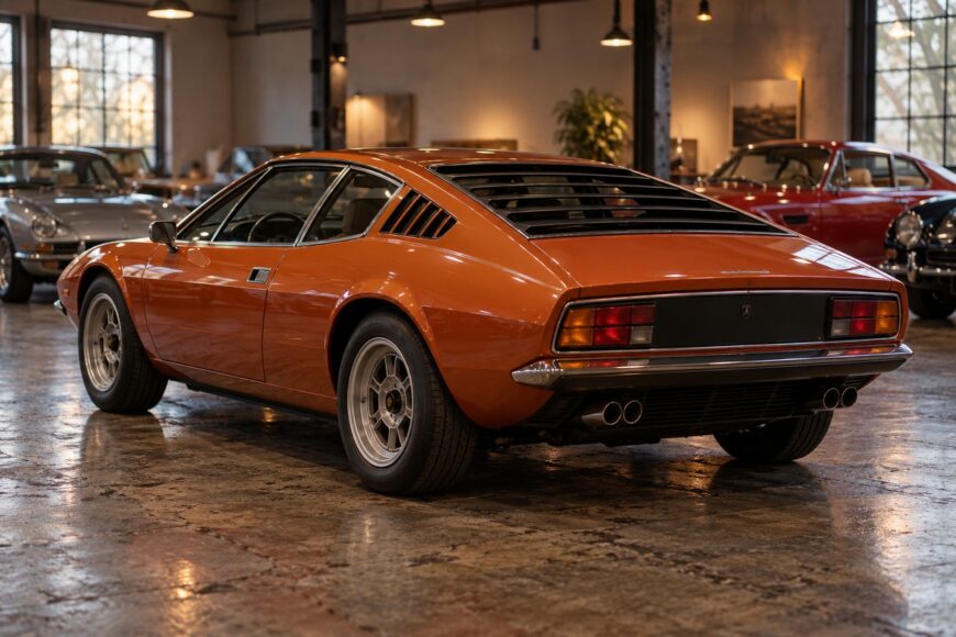 Classic orange Lamborghini Urraco parked on a polished concrete floor inside a vintage car showroom