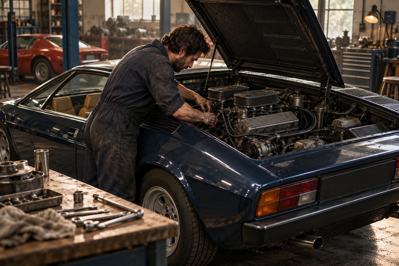 A mechanic in overalls inspects and repairs the engine of a vintage dark blue Lamborghini Urraco in a workshop