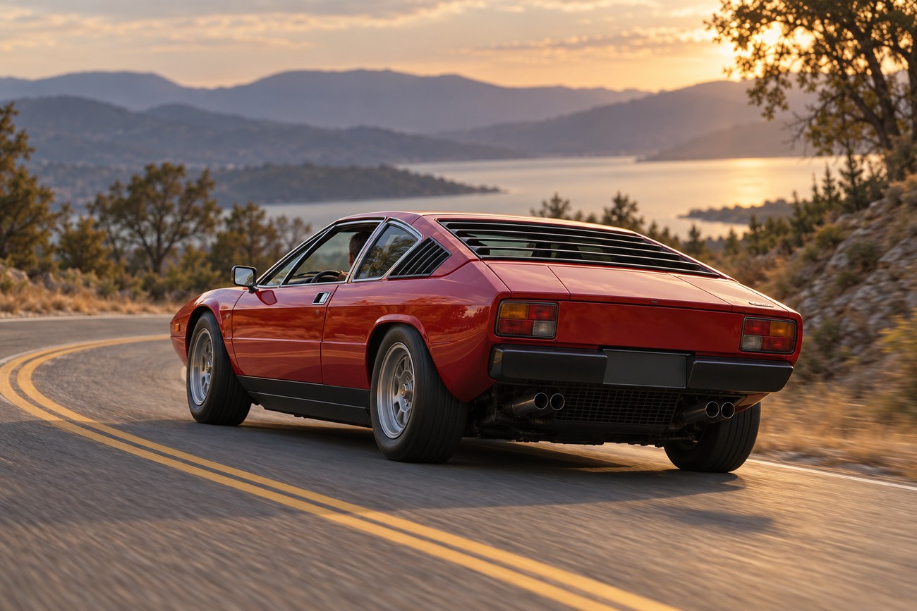 A red Lamborghini Urraco driving on a winding asphalt road near a lake during sunset