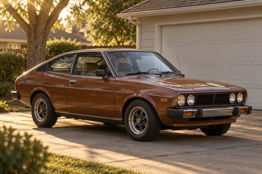 Classic brown Mitsubishi Lancer Celeste fastback parked on a driveway in front of a garage