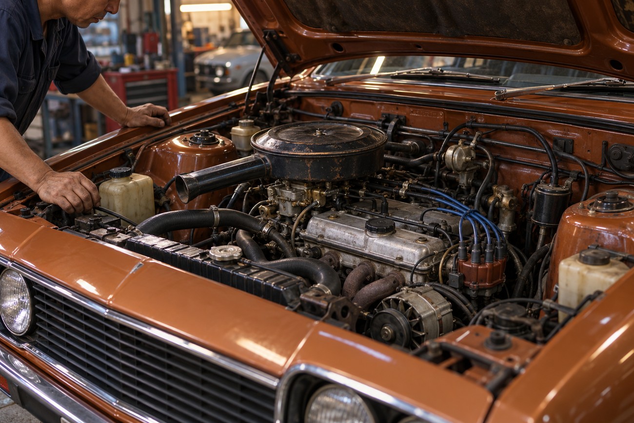 A mechanic working on the engine bay of a classic brown Mitsubishi Lancer Celeste in a garage