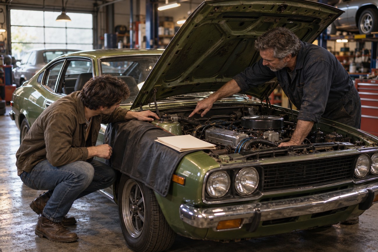 Two mechanics working on the engine of a green vintage Mitsubishi Lancer Celeste in a repair garage