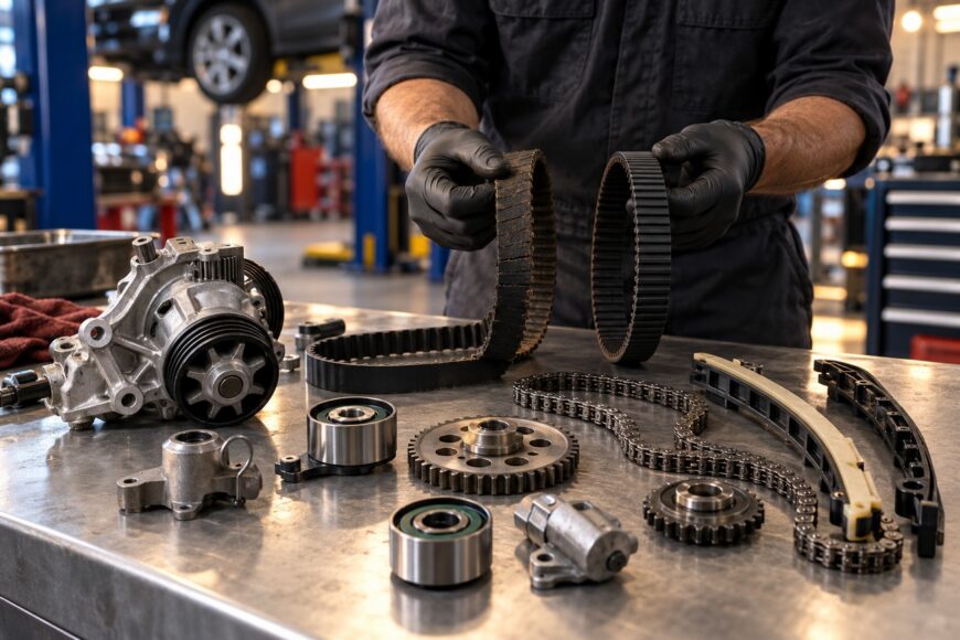 Mechanic wearing black gloves holding and comparing worn and new timing belts at a workbench with timing chain parts
