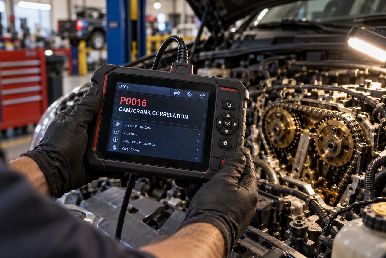 Mechanic wearing black gloves holding a diagnostic scanner showing a timing chain error code in front of an open car engine bay