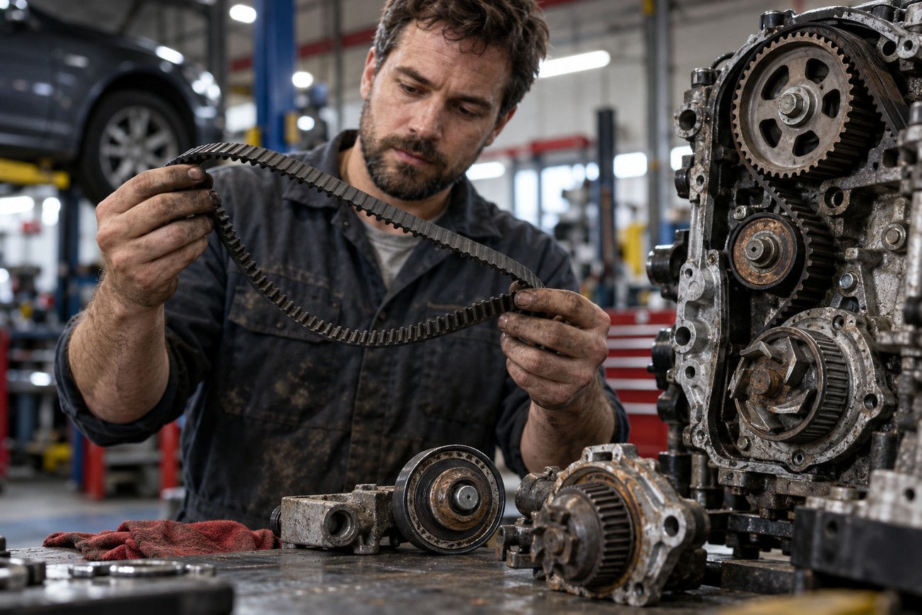 A mechanic in a dirty uniform inspecting a timing belt in an auto repair shop