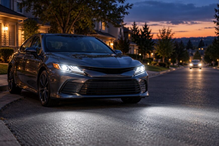 A modern dark sedan parked on a suburban street at dusk with bright LED headlights illuminating the road