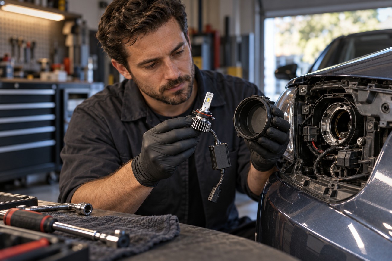 A mechanic wearing black gloves holds a new LED headlight bulb and a housing cap in front of an open car headlight assembly inside a garage