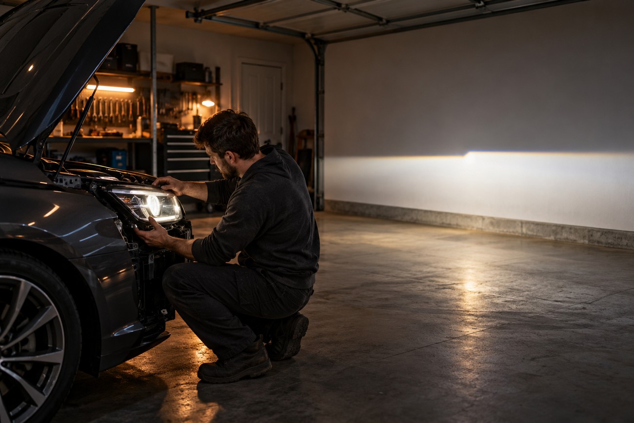 A mechanic crouching in front of a car in a garage while upgrading LED headlight bulbs