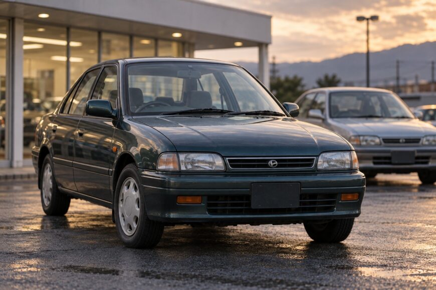 Dark green Autozam Clef sedan parked on a wet paved lot in front of a building during sunset