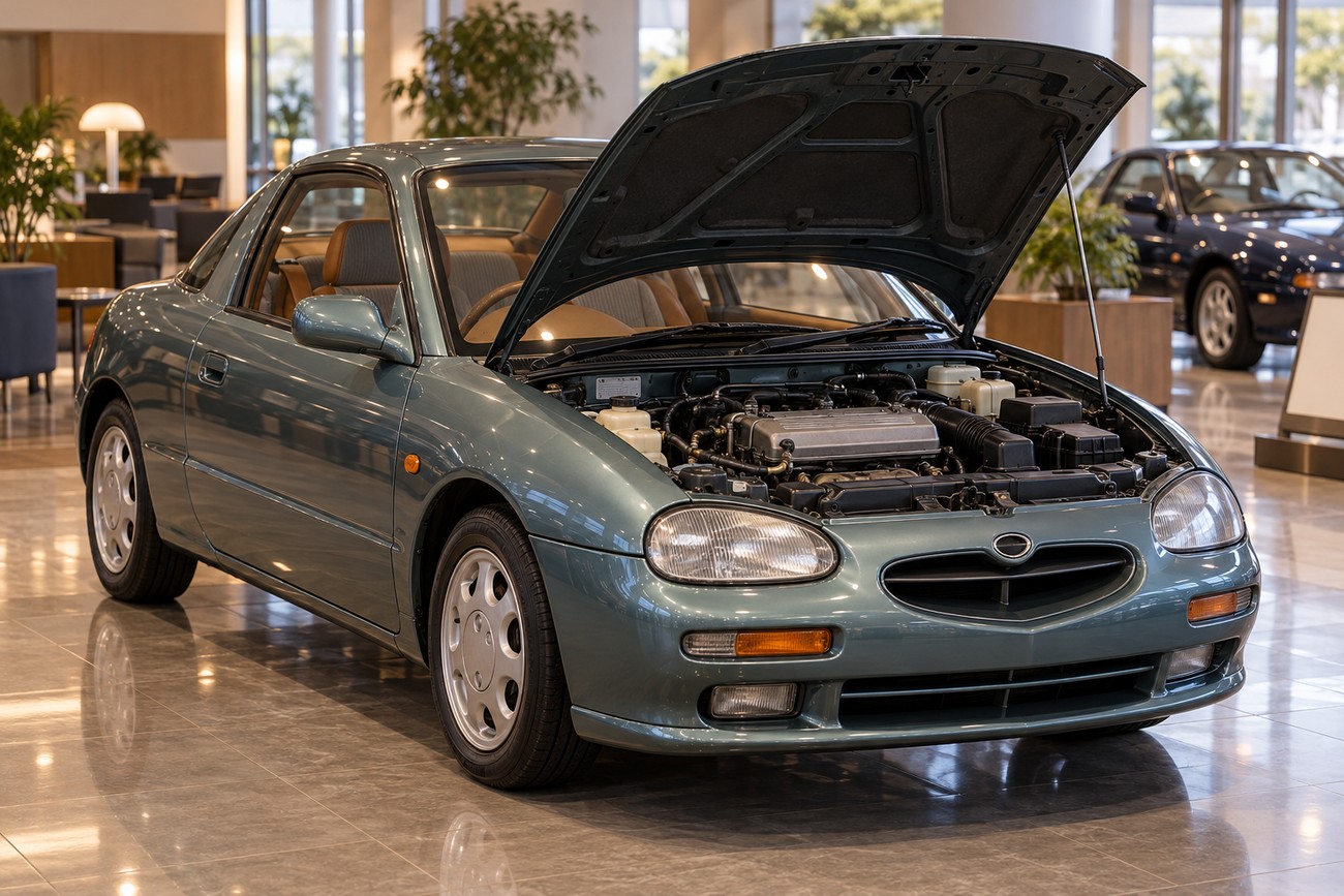 Teal Autozam AZ-1 kei car parked in a bright showroom with its front hood open