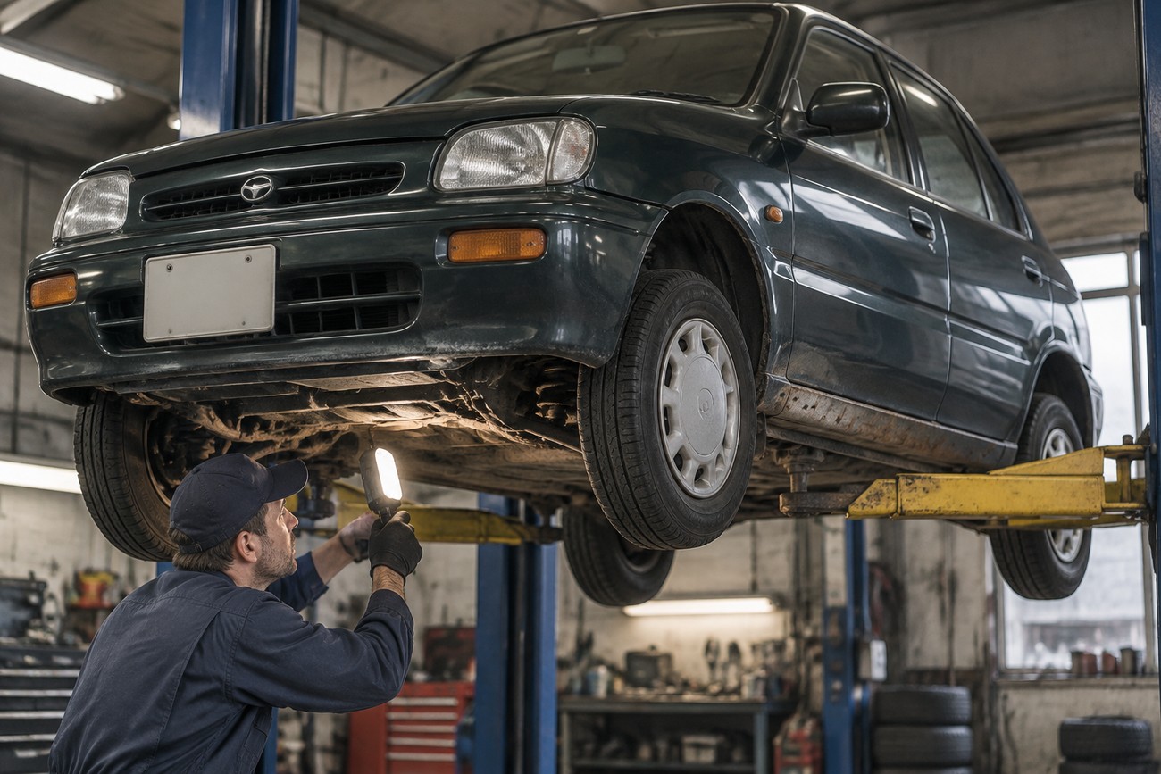 A mechanic in a blue uniform inspecting the undercarriage of an Autozam Clef sedan lifted on a hydraulic hoist in a workshop