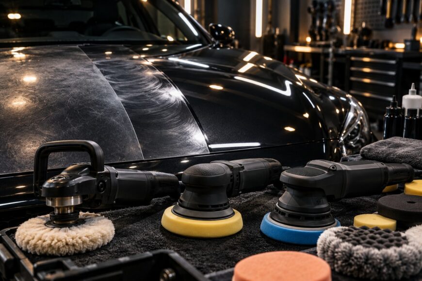 Several professional dual-action car polishers and foam pads displayed on a dark cloth with a black car hood showing swirl marks in the background