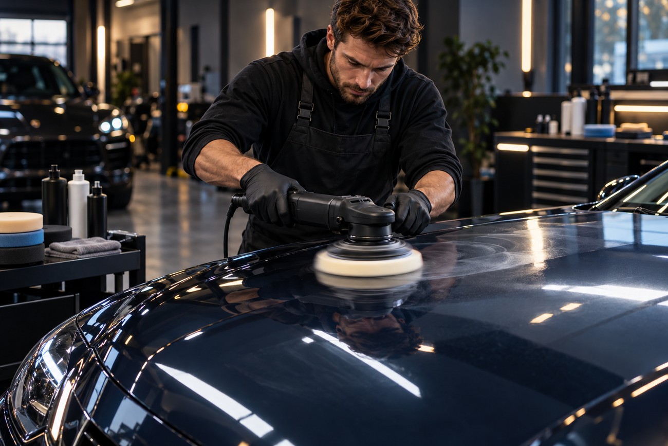 A professional detailer wearing black gloves uses an electric car polisher on the hood of a dark vehicle inside a bright workshop