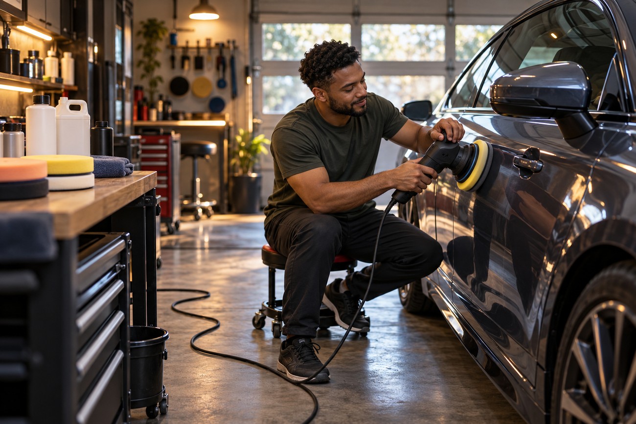 A man sitting on a rolling stool in a garage and polishing a dark car door with an electric car polisher