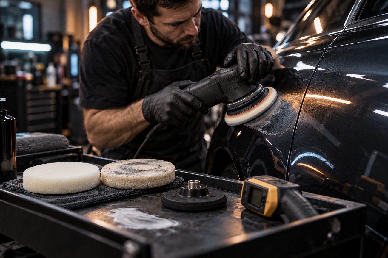 Professional detailer in black gloves using an electric car polisher on a shiny black vehicle body