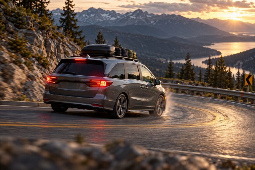 A silver Honda Odyssey minivan driving down a winding mountain pass road during sunset with mountains and a lake in the background