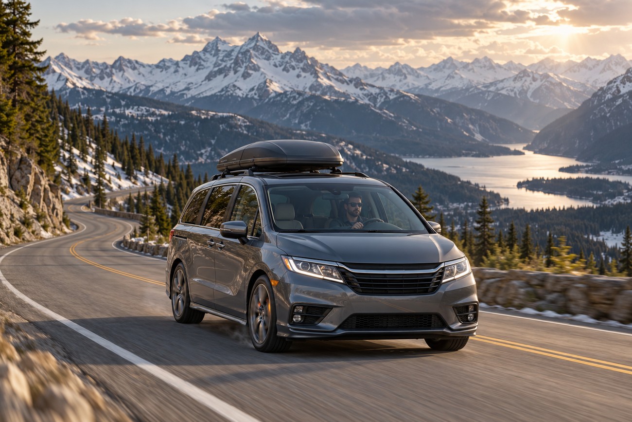 A grey Honda Odyssey minivan driving down a winding mountain pass road with snowy peaks in the background