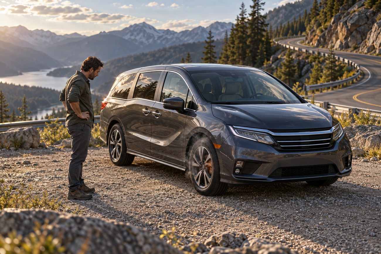 A driver standing next to a gray Honda Odyssey parked on a mountain overlook with smoke coming from the front wheel